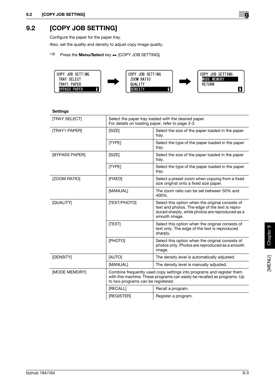 2 [copy job setting, Copy job setting] -3, P. 9-3 | Konica Minolta bizhub 184 User Manual | Page 82 / 124