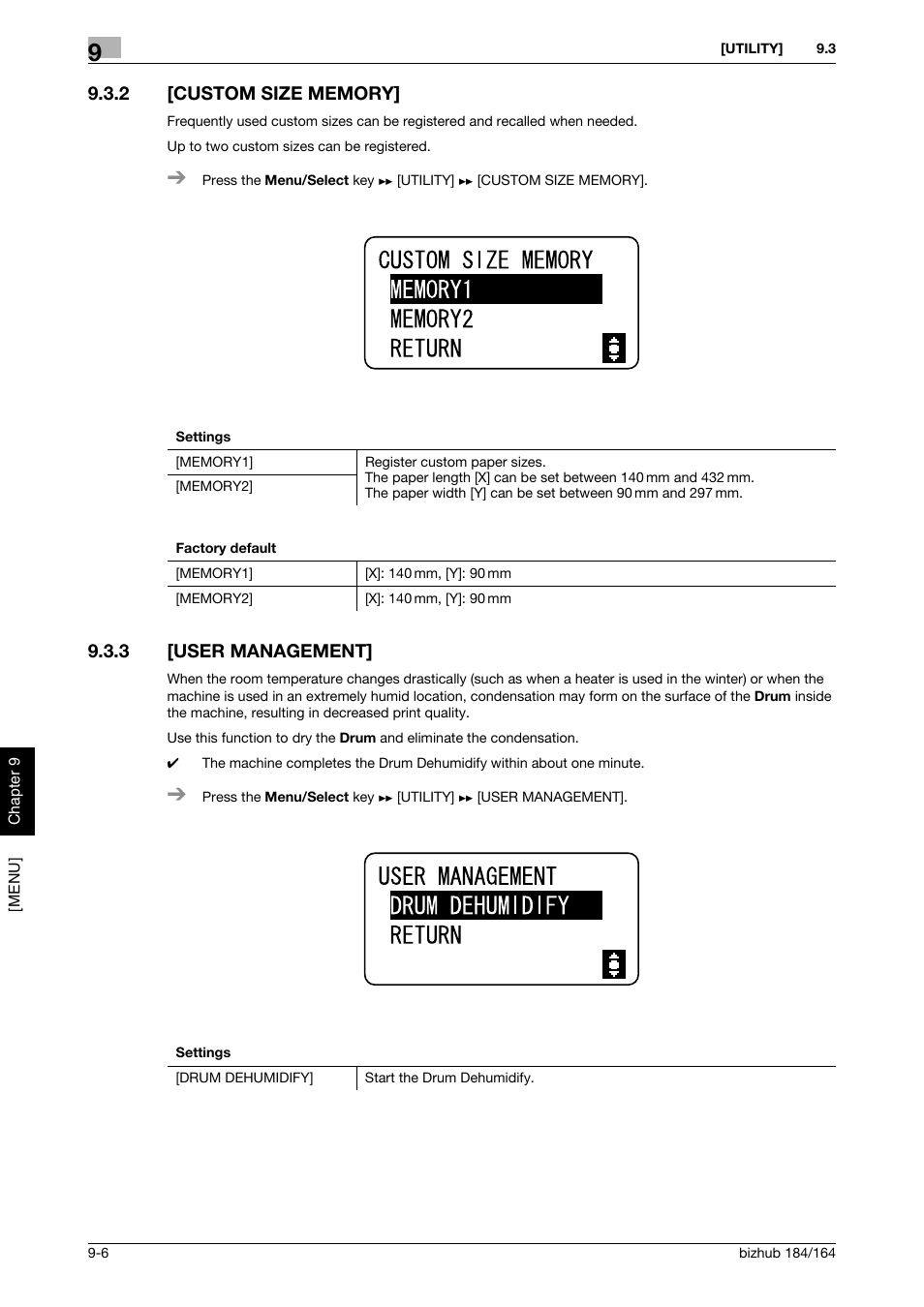 2 [custom size memory, 3 [user management, Custom size memory] -6 | User management] -6, P. 9-6 | Konica Minolta bizhub 184 User Manual | Page 85 / 124