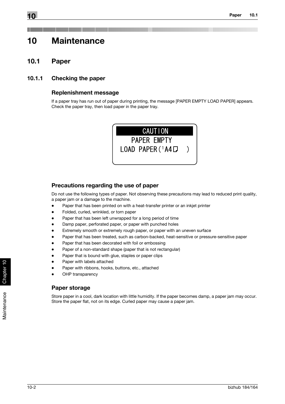 10 maintenance, 1 paper, 1 checking the paper | Replenishment message, Precautions regarding the use of paper, Paper storage, Maintenance, Paper -2 | Konica Minolta bizhub 184 User Manual | Page 91 / 124