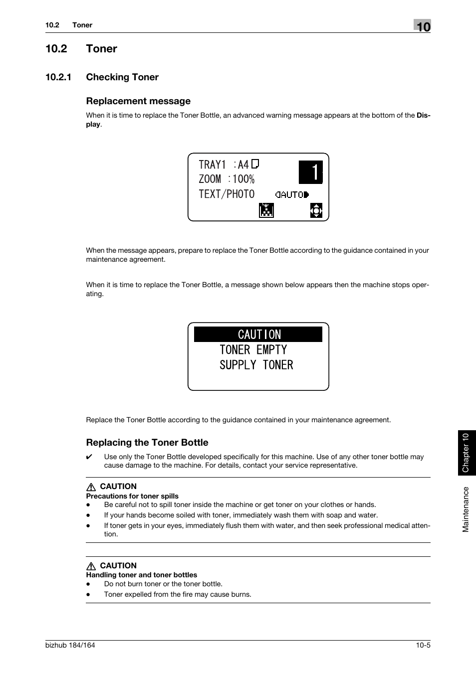2 toner, 1 checking toner, Replacement message | Replacing the toner bottle, Toner -5, 1 checking toner replacement message | Konica Minolta bizhub 184 User Manual | Page 94 / 124