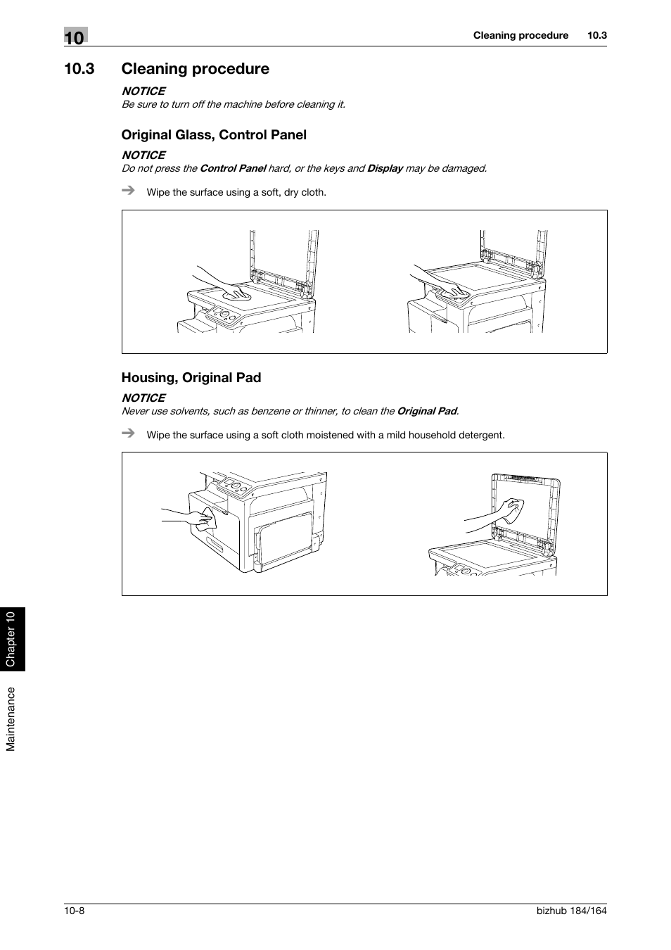 3 cleaning procedure, Original glass, control panel, Housing, original pad | Konica Minolta bizhub 184 User Manual | Page 97 / 124