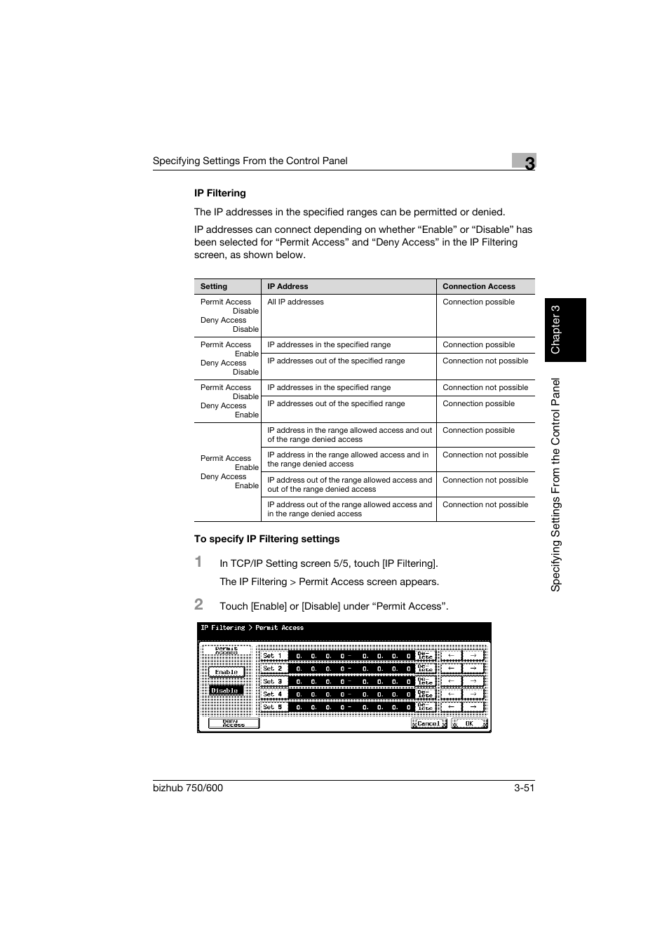 Ip filtering, To specify ip filtering settings | Konica Minolta bizhub 750 User Manual | Page 172 / 394