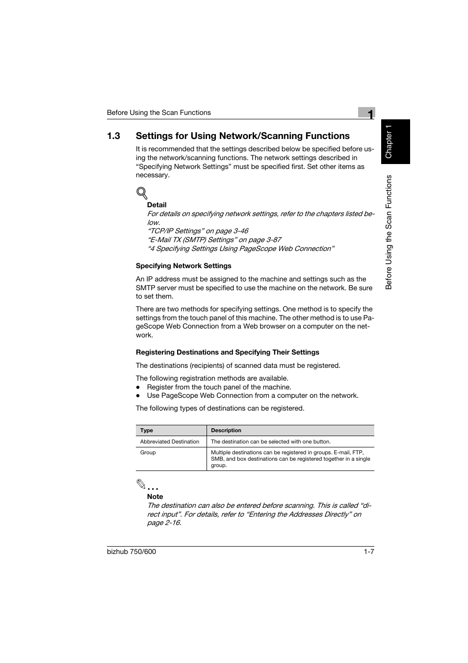 3 settings for using network/scanning functions, Specifying network settings, Settings for using network/scanning functions -7 | Konica Minolta bizhub 750 User Manual | Page 30 / 394