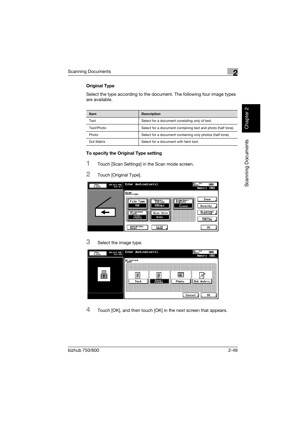 Original type, To specify the original type setting | Konica Minolta bizhub 750 User Manual | Page 84 / 394