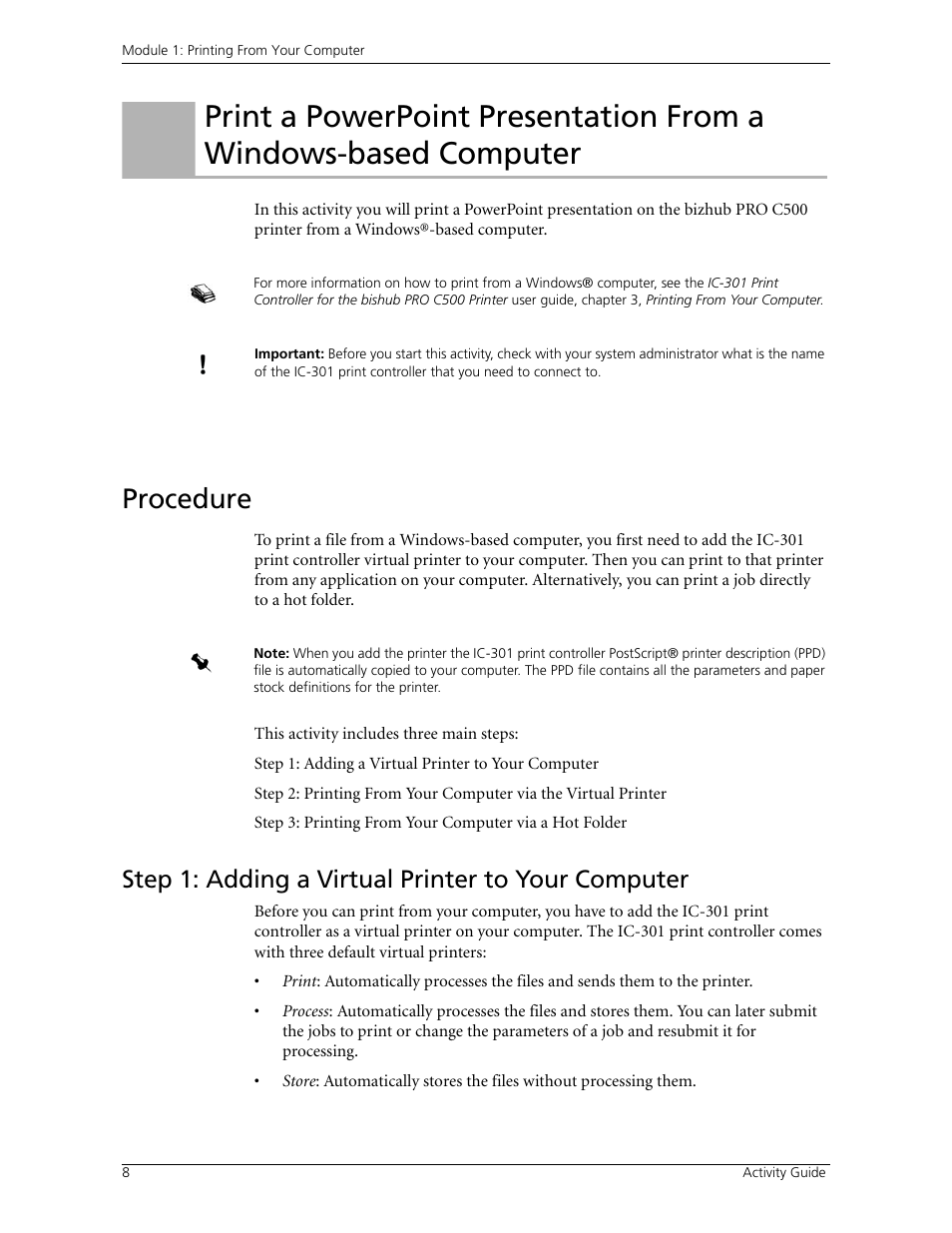 Procedure, Step 1: adding a virtual printer to your computer | Konica Minolta bizhub PRO C500 User Manual | Page 14 / 62