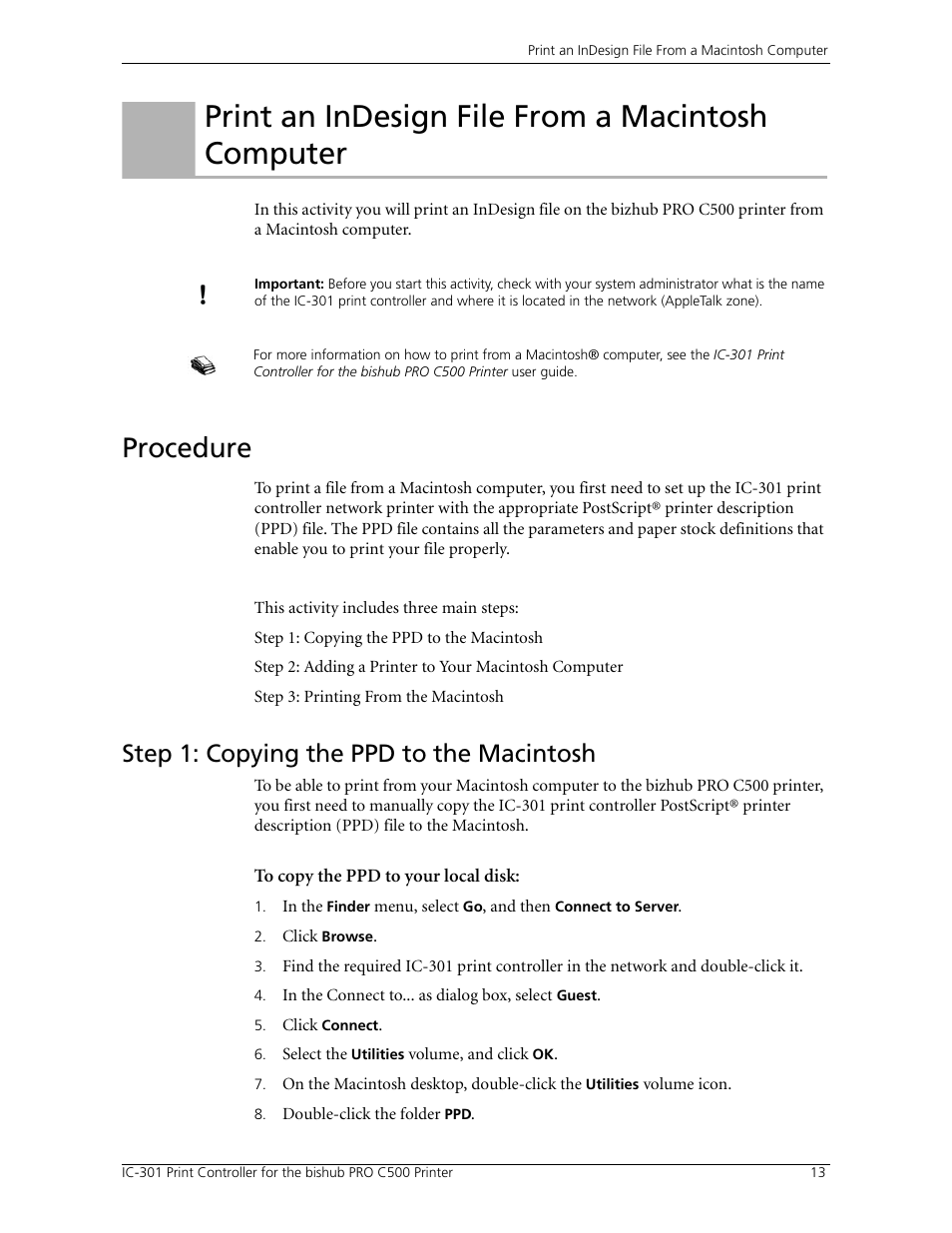 Print an indesign file from a macintosh computer, Procedure, Step 1: copying the ppd to the macintosh | Konica Minolta bizhub PRO C500 User Manual | Page 19 / 62