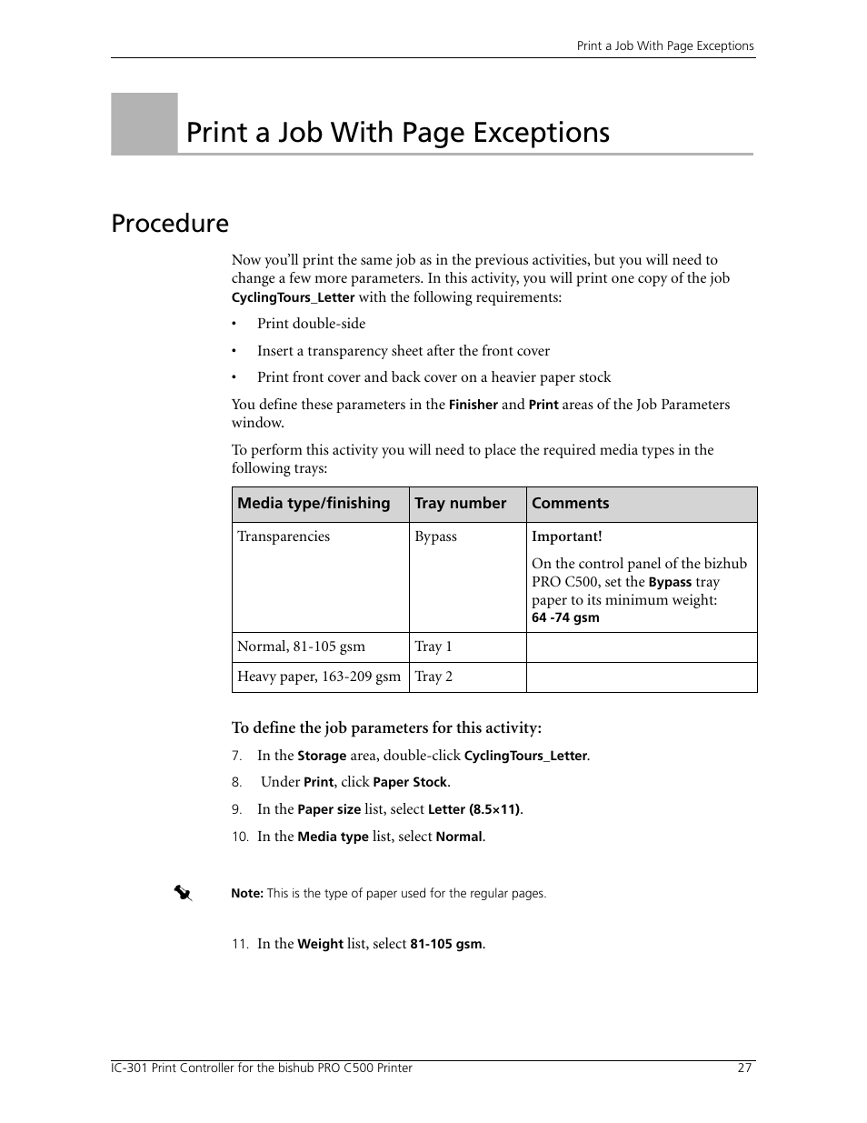 Procedure, Print a job with page exceptions | Konica Minolta bizhub PRO C500 User Manual | Page 33 / 62