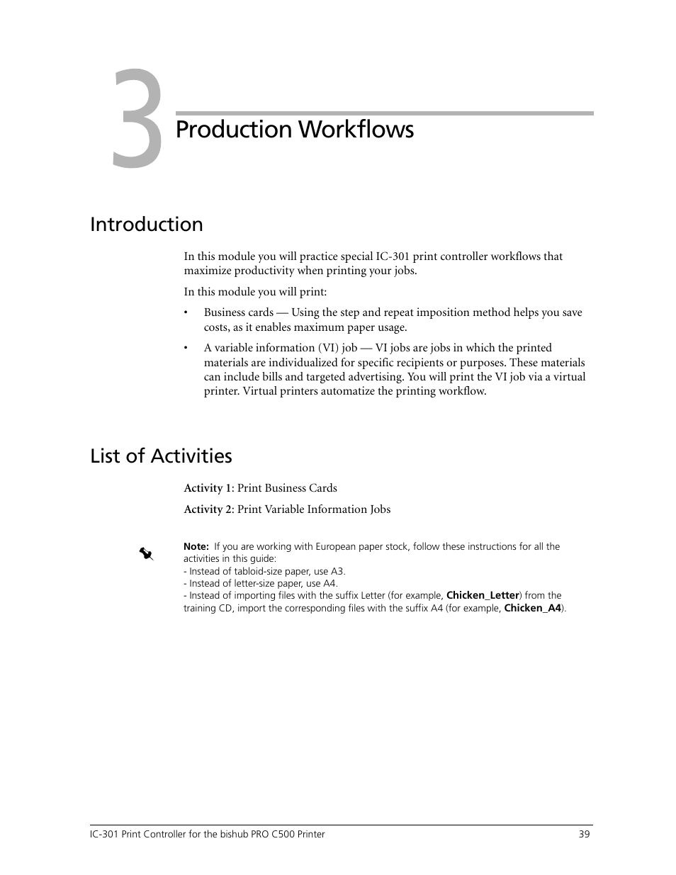 Production workflows, List of activities, Module 3: production workflows | Module, Introduction | Konica Minolta bizhub PRO C500 User Manual | Page 45 / 62