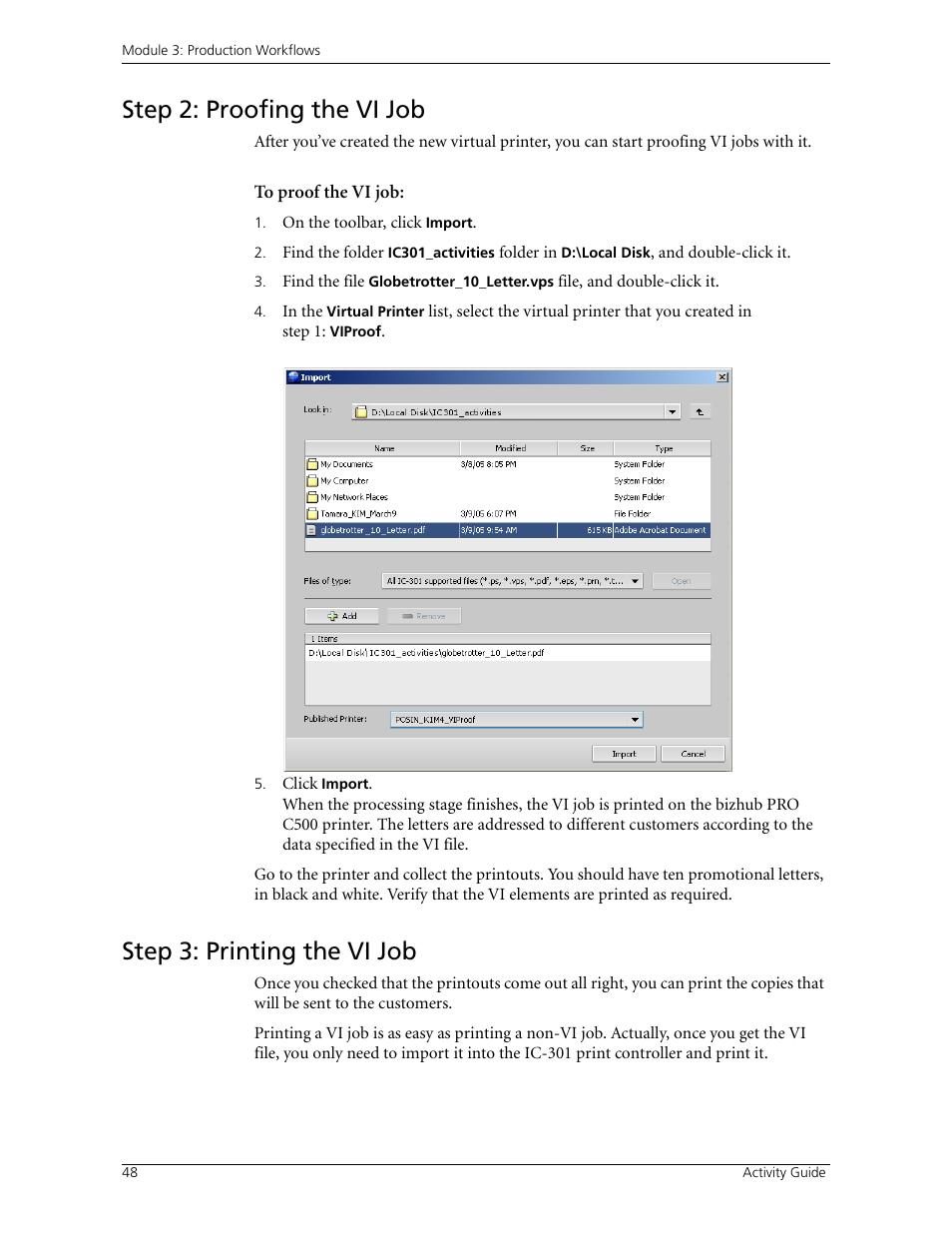 Step 2: proofing the vi job, Step 3: printing the vi job | Konica Minolta bizhub PRO C500 User Manual | Page 54 / 62