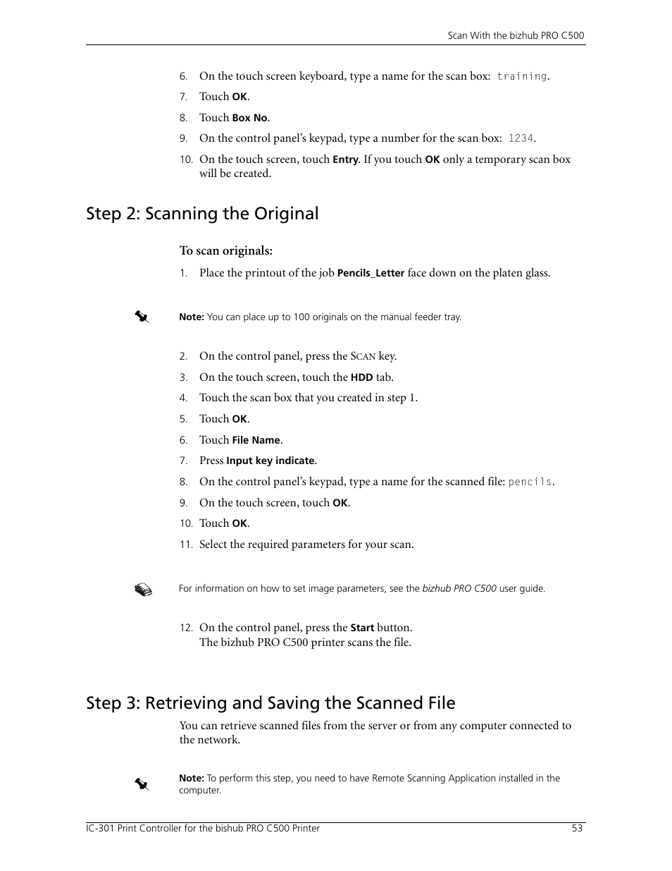 Step 2: scanning the original, Step 3: retrieving and saving the scanned file | Konica Minolta bizhub PRO C500 User Manual | Page 59 / 62
