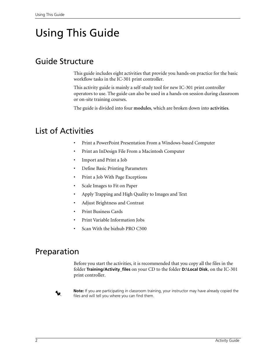 Using this guide, Guide structure, List of activities | Preparation, Guide structure list of activities preparation | Konica Minolta bizhub PRO C500 User Manual | Page 8 / 62