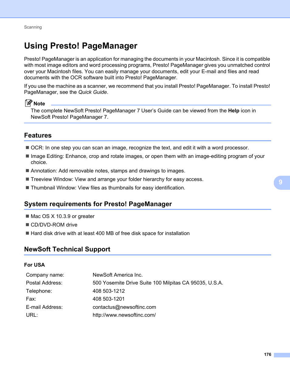 Features, Newsoft technical support, Using presto! pagemanager | System requirements for presto! pagemanager | Konica Minolta bizhub 20 User Manual | Page 184 / 227