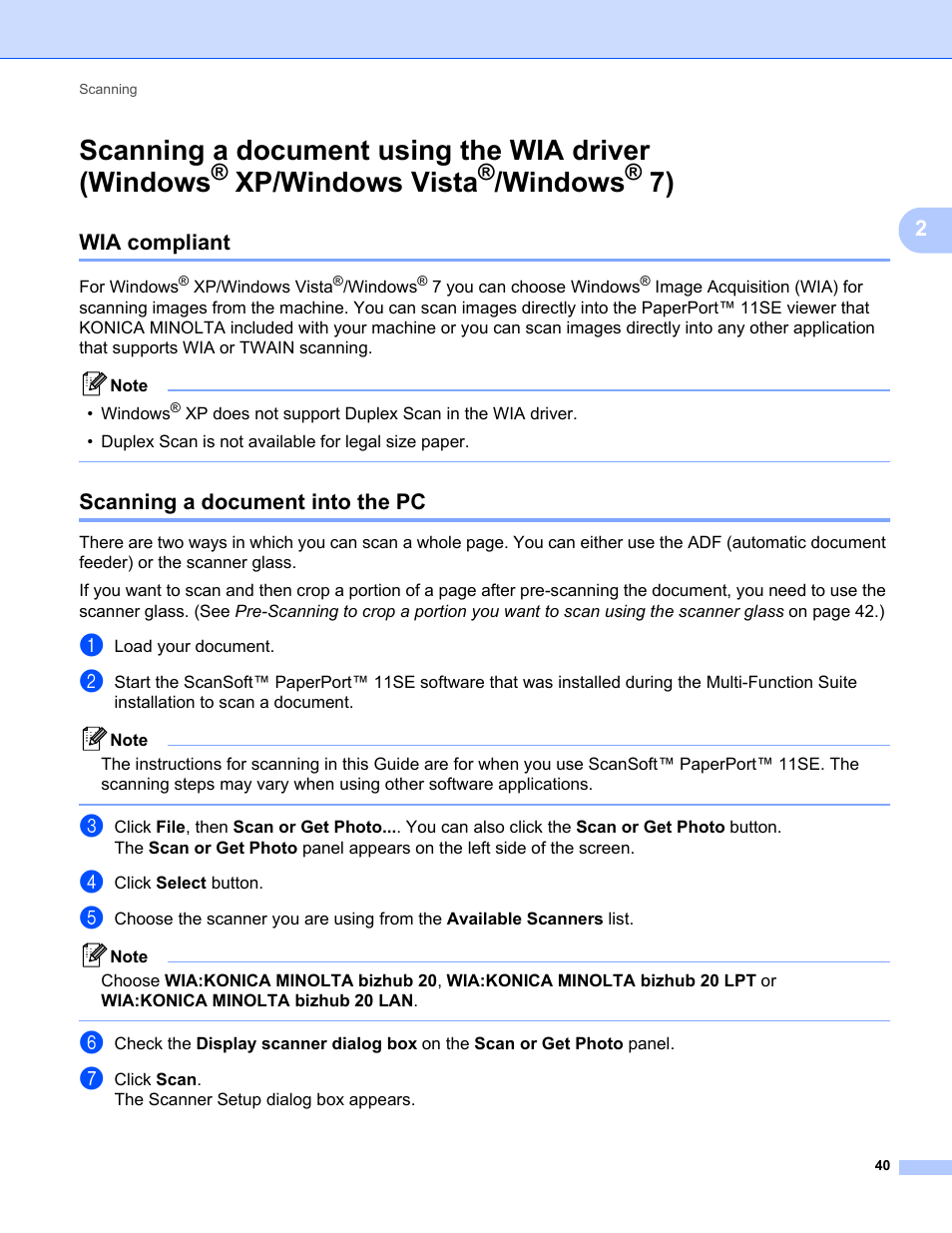 Wia compliant, Scanning a document into the pc, Scanning a document using the wia driver (windows | Wia compliant scanning a document into the pc, Driver. (see scanning a, Document using the wia driver (windows, Xp/windows vista, Windows | Konica Minolta bizhub 20 User Manual | Page 48 / 227