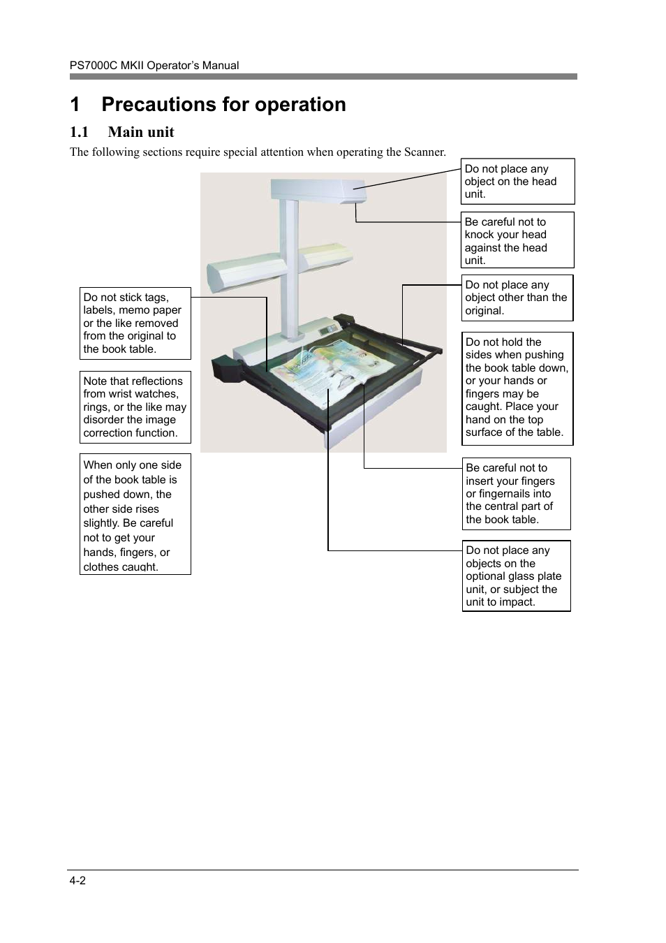 Precautions for operation -2, Main unit -2, 1 precautions for operation | 1 main unit | Konica Minolta PS7000C MKII User Manual | Page 60 / 94