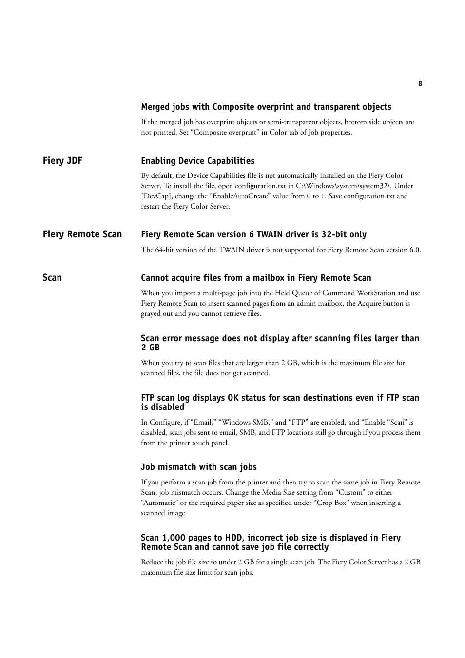 Fiery jdf, Enabling device capabilities, Fiery remote scan | Scan, Job mismatch with scan jobs | Konica Minolta bizhub PRESS C1060 User Manual | Page 8 / 11