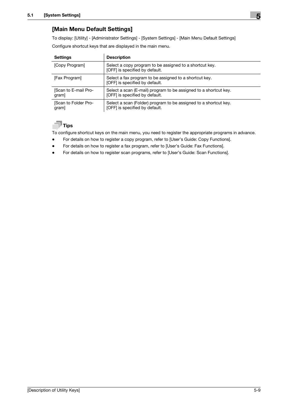 Main menu default settings, Main menu default settings] -9 | Konica Minolta bizhub C3850 User Manual | Page 37 / 67