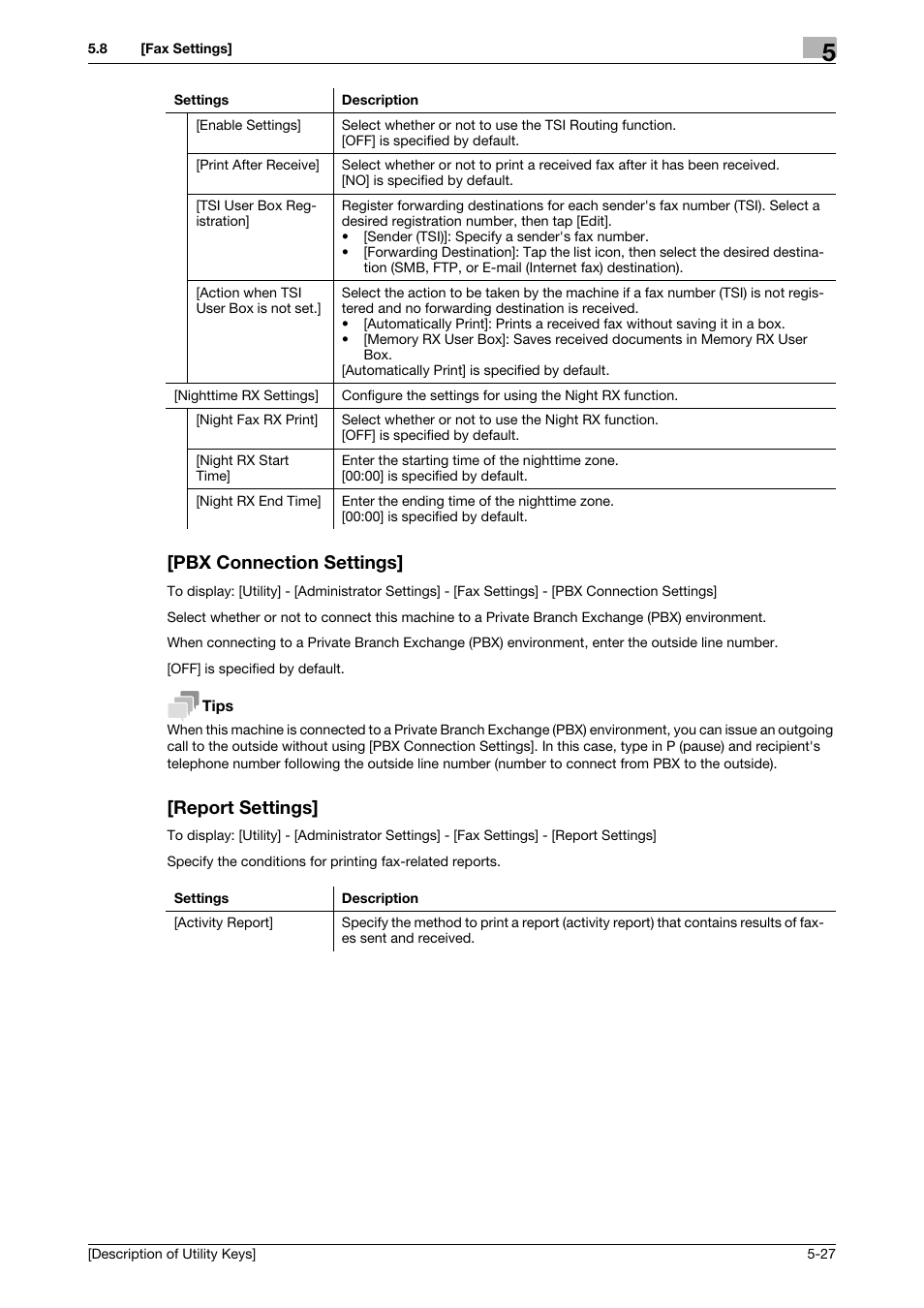 Pbx connection settings, Report settings, Pbx connection settings] -27 [report settings] -27 | Konica Minolta bizhub C3850 User Manual | Page 55 / 67