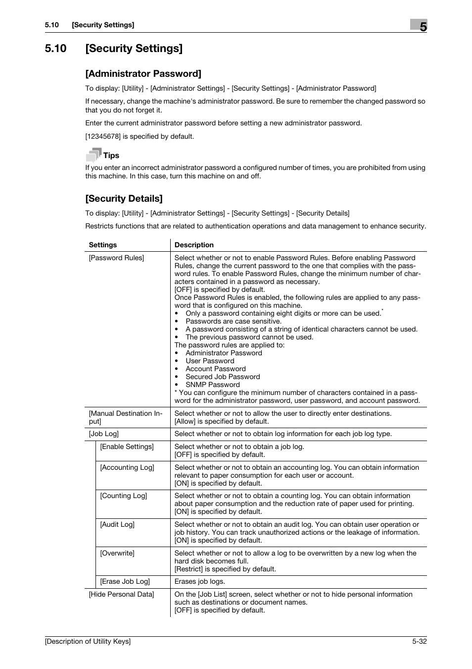 10 [security settings, Administrator password, Security details | Konica Minolta bizhub C3850 User Manual | Page 60 / 67