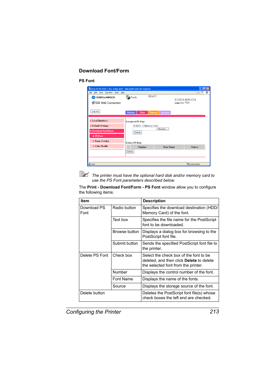 Download font/form, Download font/form 213, Configuring the printer 213 | Konica Minolta magicolor 7450 grafx User Manual | Page 231 / 272