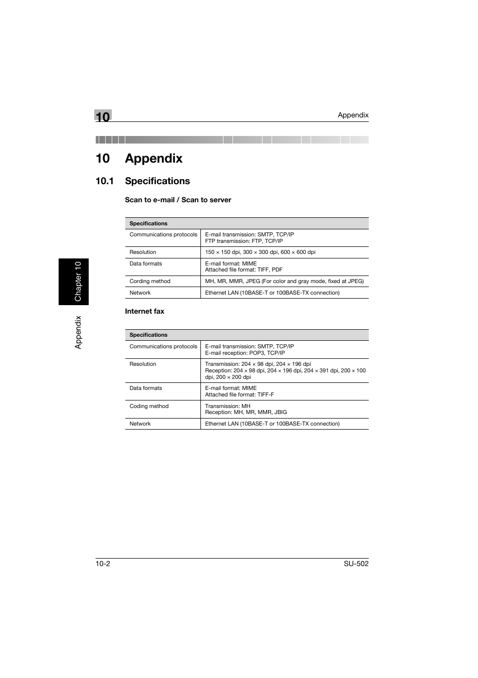 10 appendix, 1 specifications, Scan to e-mail / scan to server | Internet fax, Specifications -2, Scan to e-mail / scan to server -2 internet fax -2 | Konica Minolta bizhub 160 User Manual | Page 151 / 156