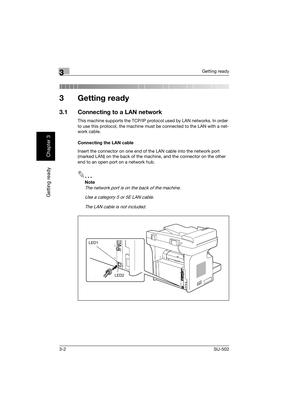 3 getting ready, 1 connecting to a lan network, Connecting the lan cable | Getting ready, Connecting to a lan network -2, Connecting the lan cable -2, 3getting ready | Konica Minolta bizhub 160 User Manual | Page 33 / 156