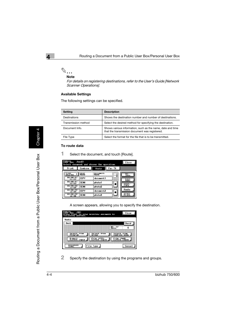 Available settings, To route data, Available settings -4 to route data -4 | Konica Minolta bizhub 750 User Manual | Page 103 / 218
