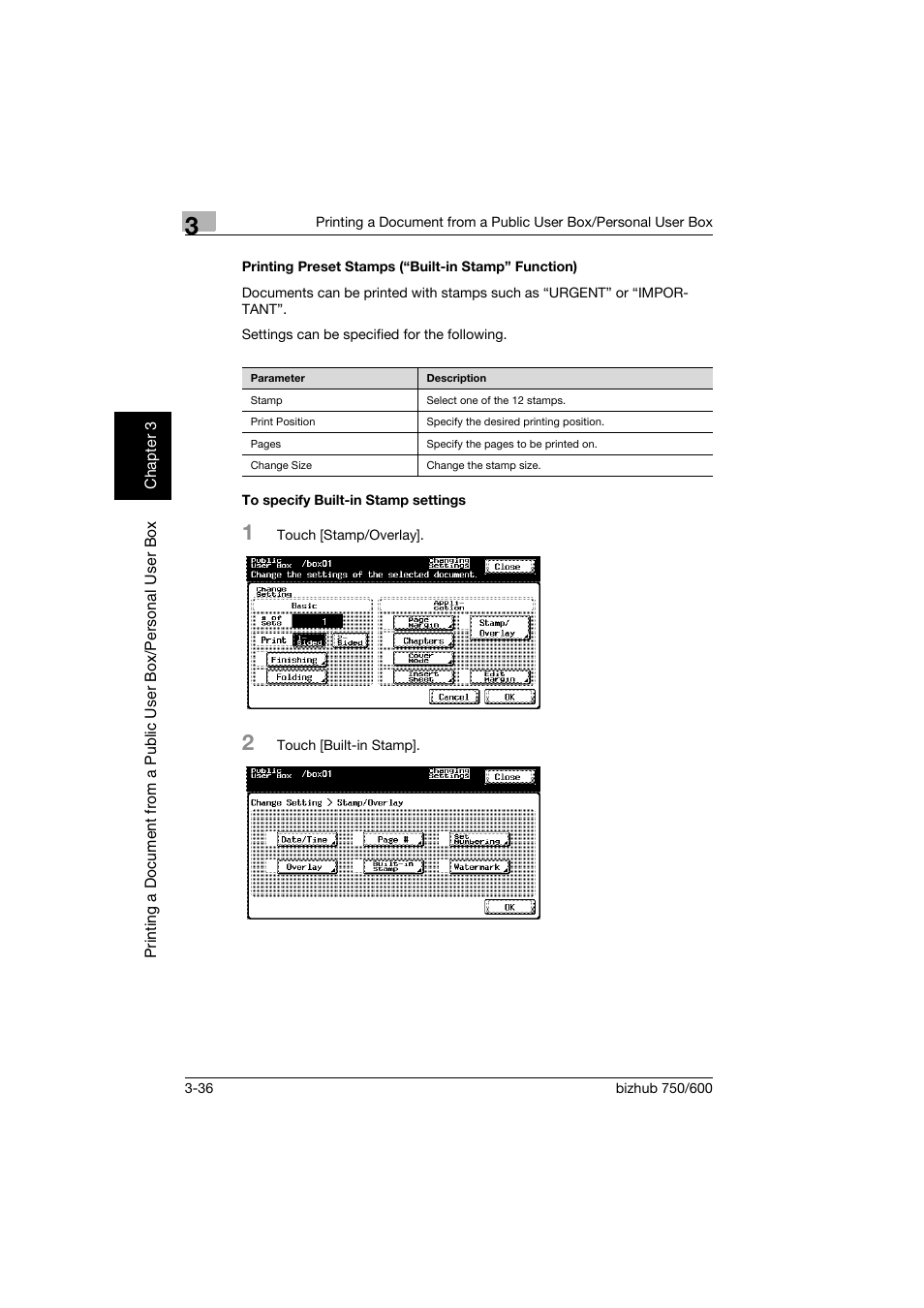 Printing preset stamps (“built-in stamp” function), To specify built-in stamp settings | Konica Minolta bizhub 750 User Manual | Page 75 / 218