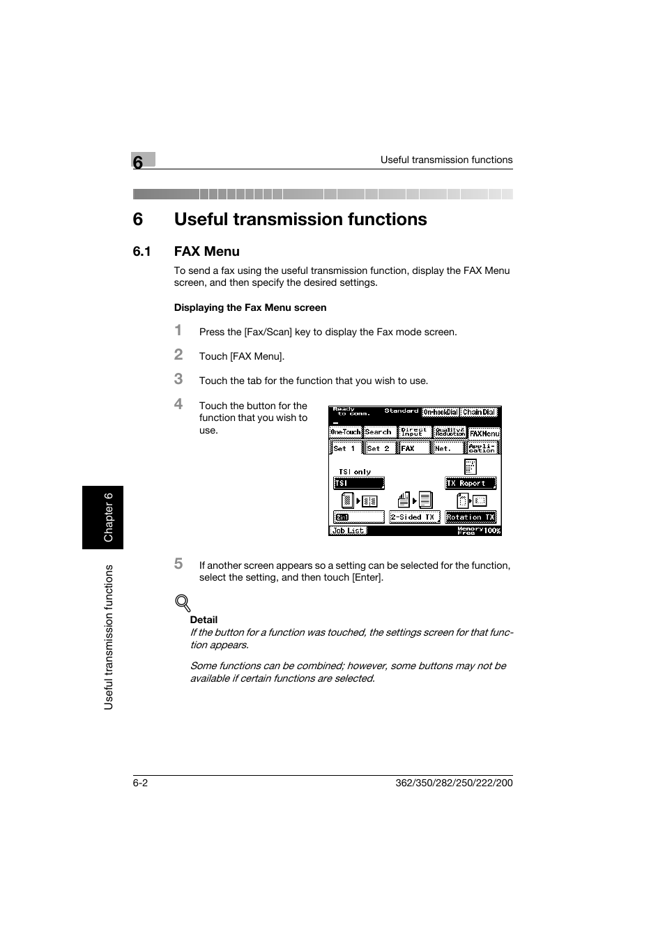 6 useful transmission functions, 1 fax menu, Displaying the fax menu screen | Useful transmission functions, Fax menu -2, Displaying the fax menu screen -2, 6useful transmission functions | Konica Minolta bizhub 222 User Manual | Page 101 / 366