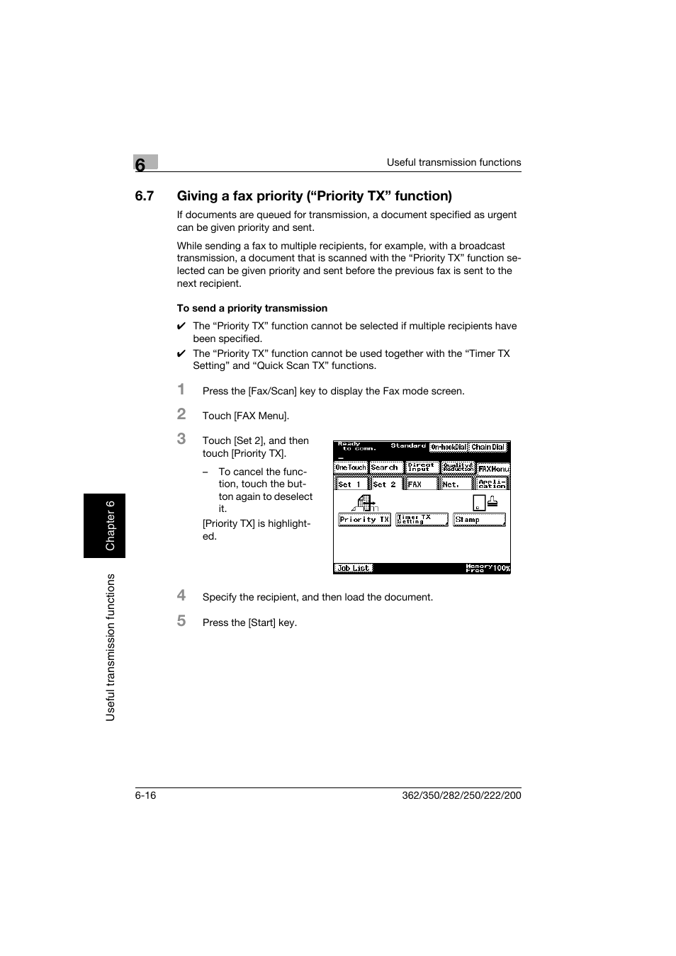 7 giving a fax priority (“priority tx” function), To send a priority transmission, Giving a fax priority (“priority tx” function) -16 | To send a priority transmission -16 | Konica Minolta bizhub 222 User Manual | Page 115 / 366