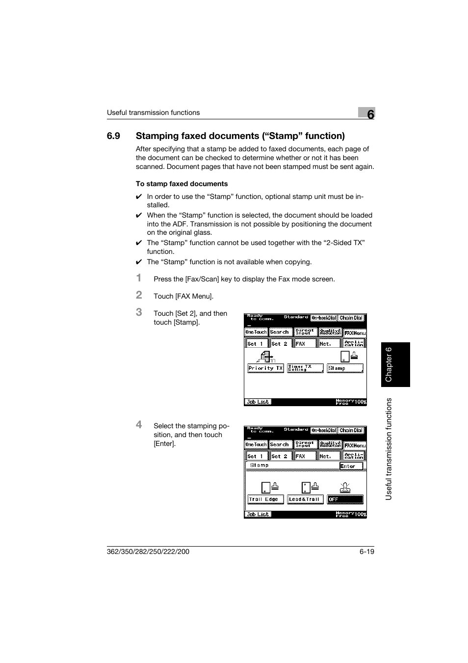 9 stamping faxed documents (“stamp” function), To stamp faxed documents, Stamping faxed documents (“stamp” function) -19 | To stamp faxed documents -19 | Konica Minolta bizhub 222 User Manual | Page 118 / 366
