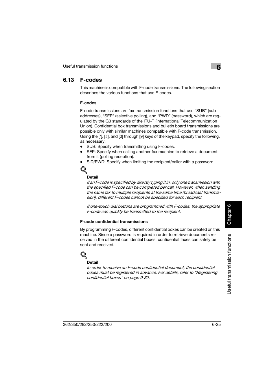 13 f-codes, F-codes, F-code confidential transmissions | F-codes -25, F-codes -25 f-code confidential transmissions -25 | Konica Minolta bizhub 222 User Manual | Page 124 / 366