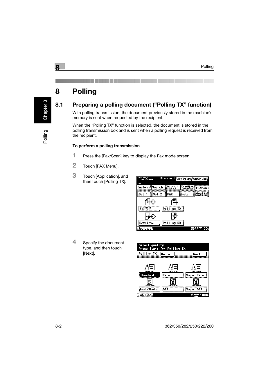 8 polling, To perform a polling transmission, Polling | To perform a polling transmission -2, 8polling | Konica Minolta bizhub 222 User Manual | Page 143 / 366