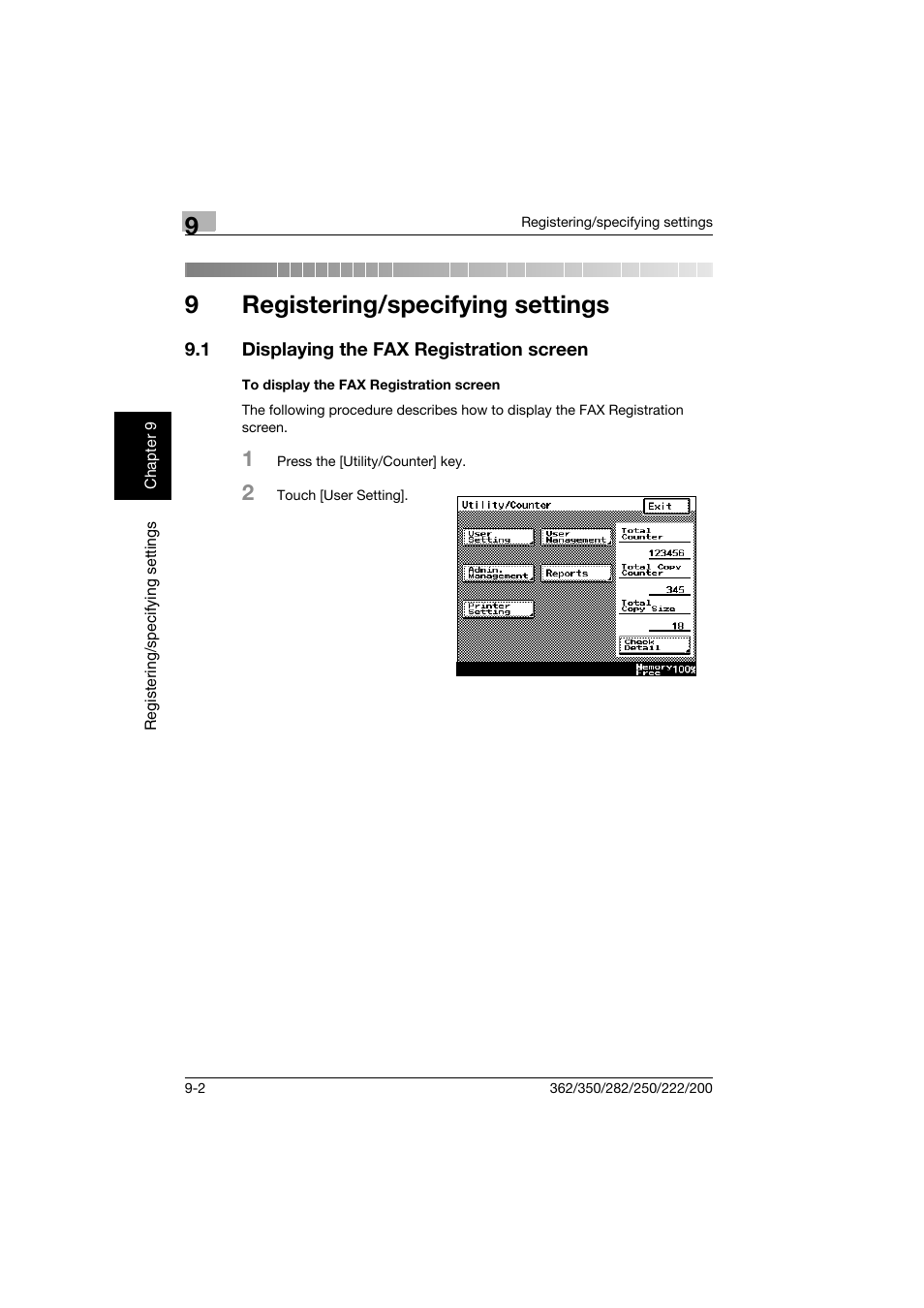 9 registering/specifying settings, 1 displaying the fax registration screen, To display the fax registration screen | Registering/specifying settings, Displaying the fax registration screen -2, To display the fax registration screen -2, 9registering/specifying settings | Konica Minolta bizhub 222 User Manual | Page 149 / 366