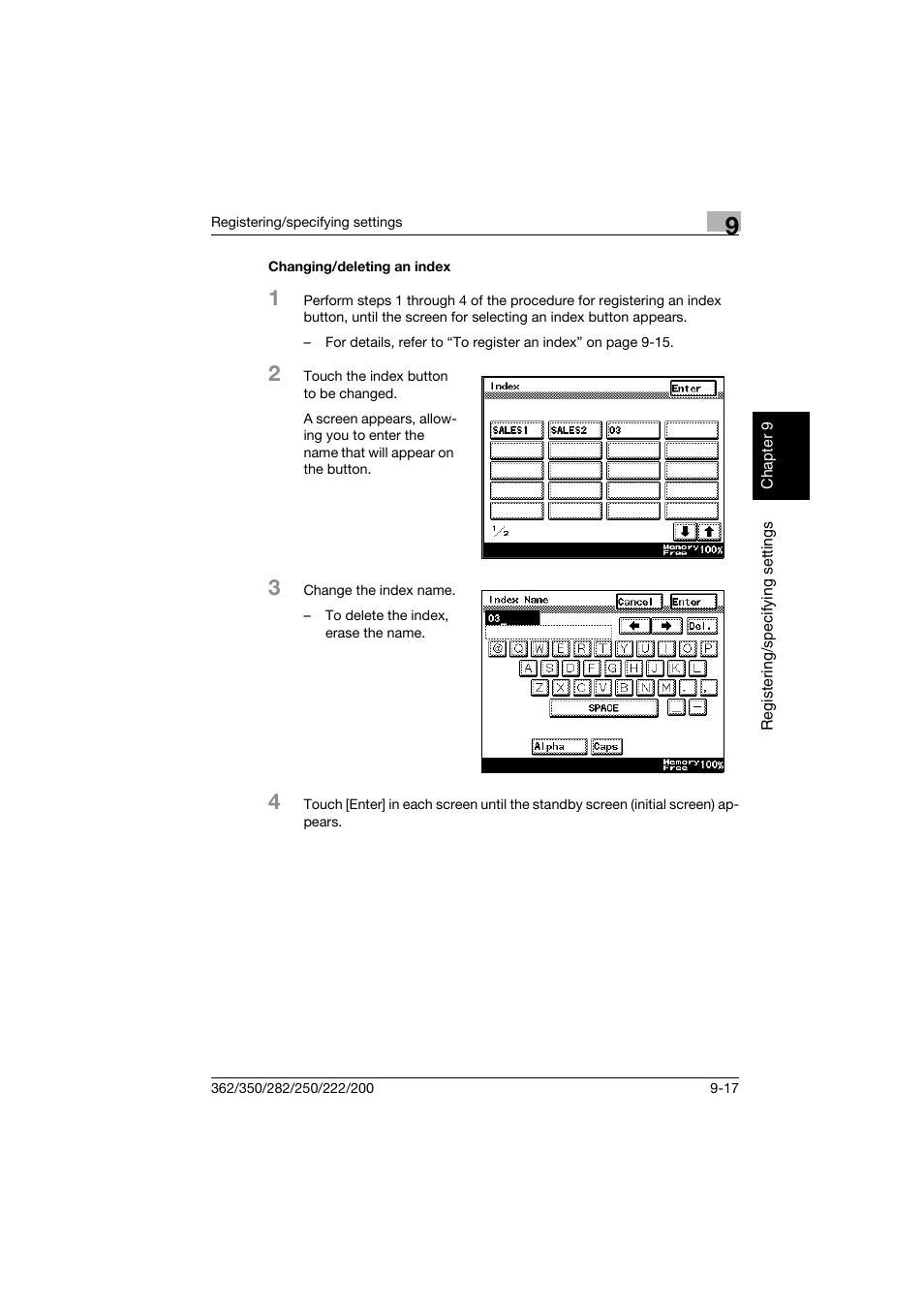 Changing/deleting an index, Changing/deleting an index -17 | Konica Minolta bizhub 222 User Manual | Page 164 / 366