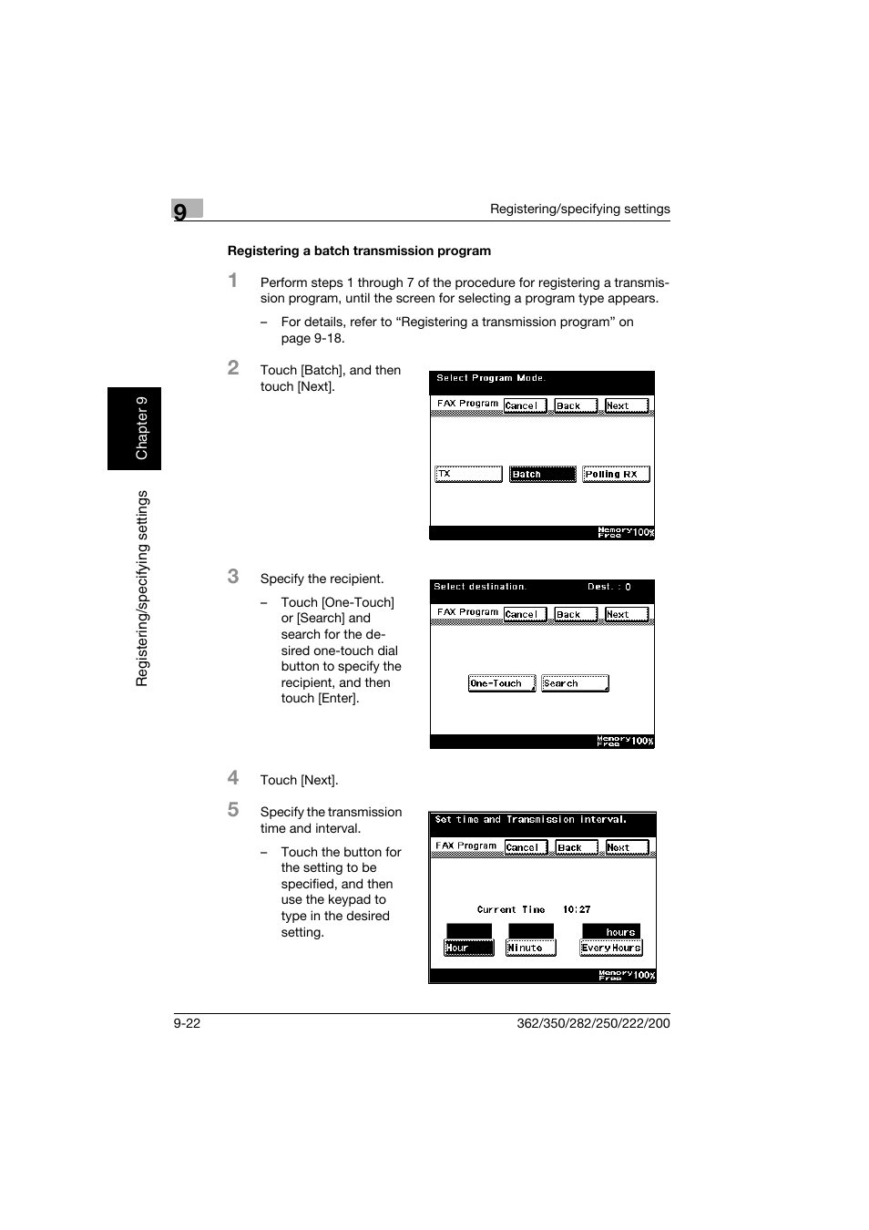 Registering a batch transmission program, Registering a batch transmission program -22 | Konica Minolta bizhub 222 User Manual | Page 169 / 366
