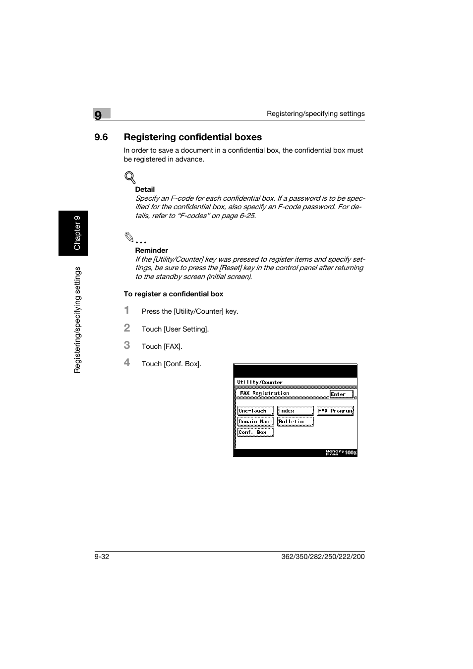 6 registering confidential boxes, To register a confidential box, Registering confidential boxes -32 | To register a confidential box -32 | Konica Minolta bizhub 222 User Manual | Page 179 / 366