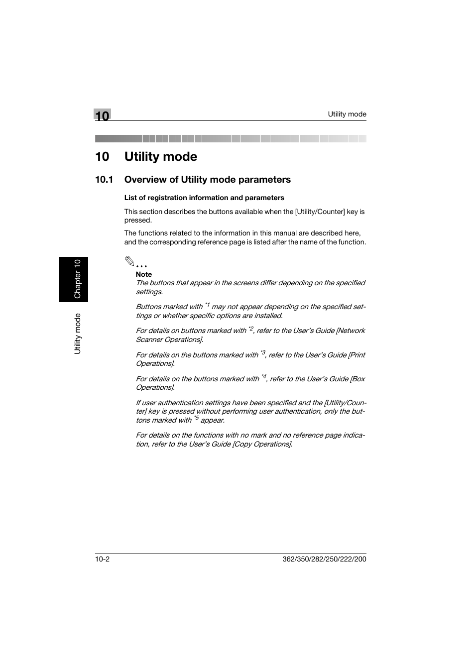 10 utility mode, 1 overview of utility mode parameters, List of registration information and parameters | Overview of utility mode parameters -2, List of registration information and parameters -2 | Konica Minolta bizhub 222 User Manual | Page 185 / 366