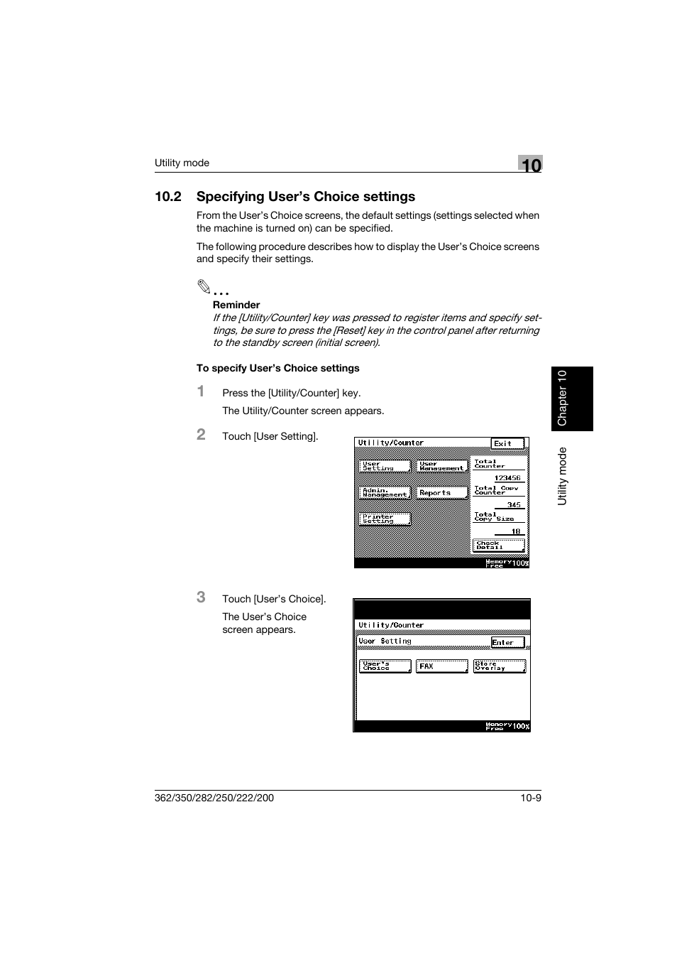 2 specifying user’s choice settings, To specify user’s choice settings, Specifying user’s choice settings -9 | To specify user’s choice settings -9 | Konica Minolta bizhub 222 User Manual | Page 192 / 366