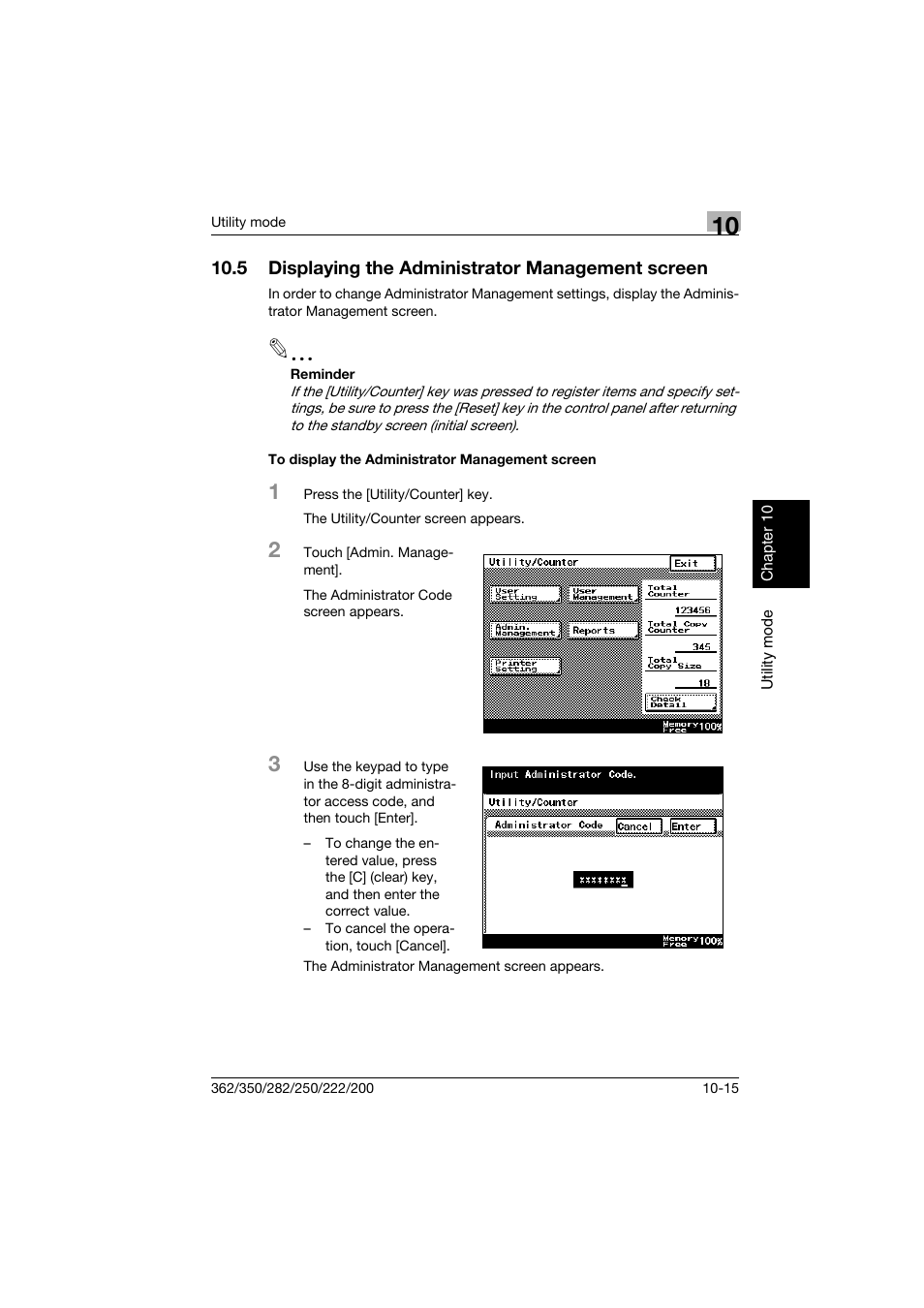 5 displaying the administrator management screen, To display the administrator management screen, Displaying the administrator management screen -15 | To display the administrator management screen -15 | Konica Minolta bizhub 222 User Manual | Page 198 / 366