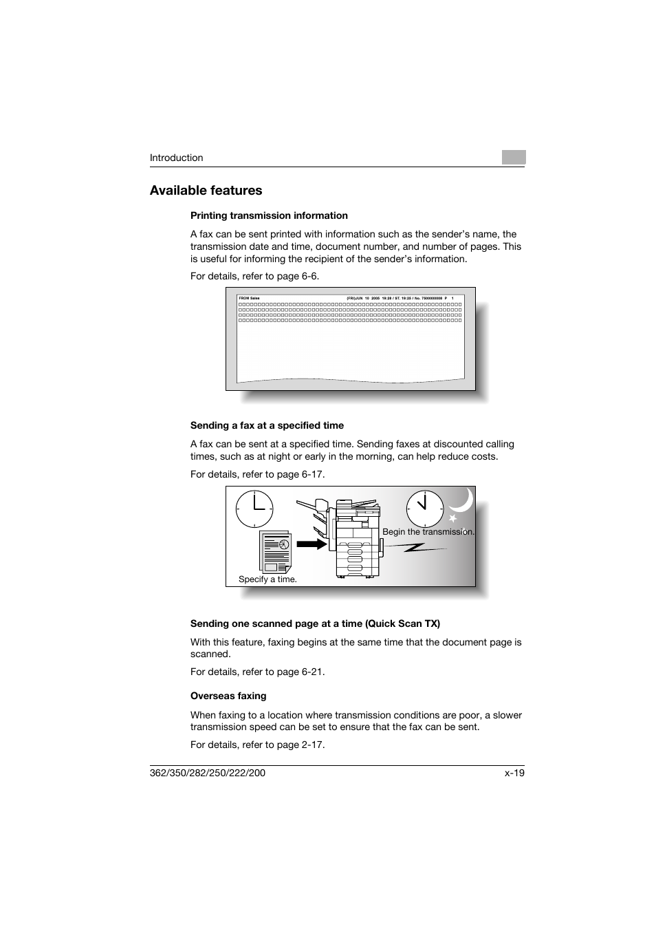 Available features, Printing transmission information, Sending a fax at a specified time | Overseas faxing | Konica Minolta bizhub 222 User Manual | Page 20 / 366