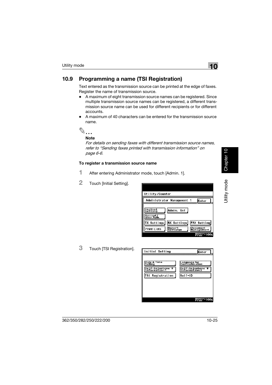 9 programming a name (tsi registration), To register a transmission source name, Programming a name (tsi registration) -25 | To register a transmission source name -25, P. 10-25 | Konica Minolta bizhub 222 User Manual | Page 208 / 366