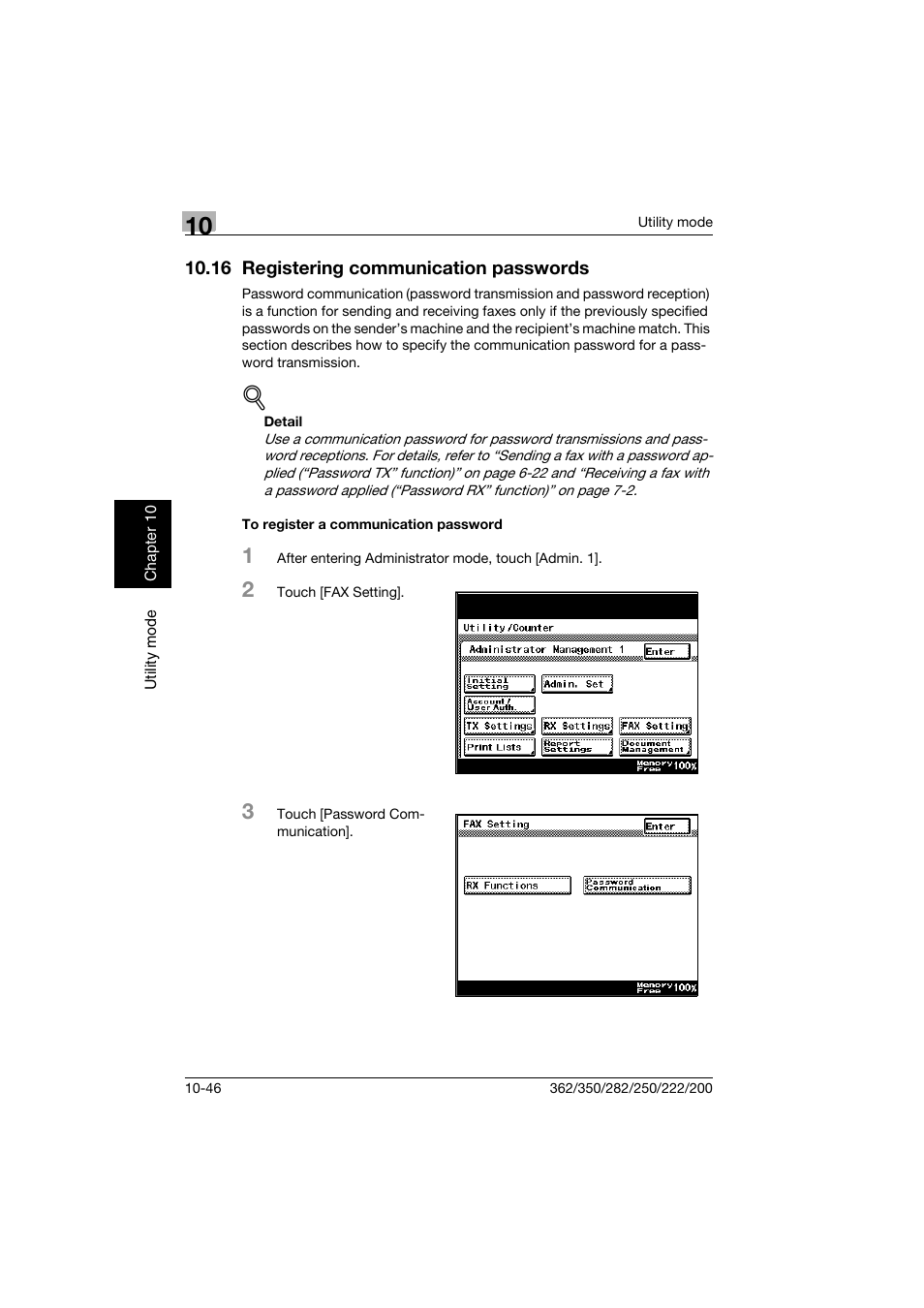 16 registering communication passwords, To register a communication password, 16 registering communication passwords -46 | To register a communication password -46 | Konica Minolta bizhub 222 User Manual | Page 229 / 366