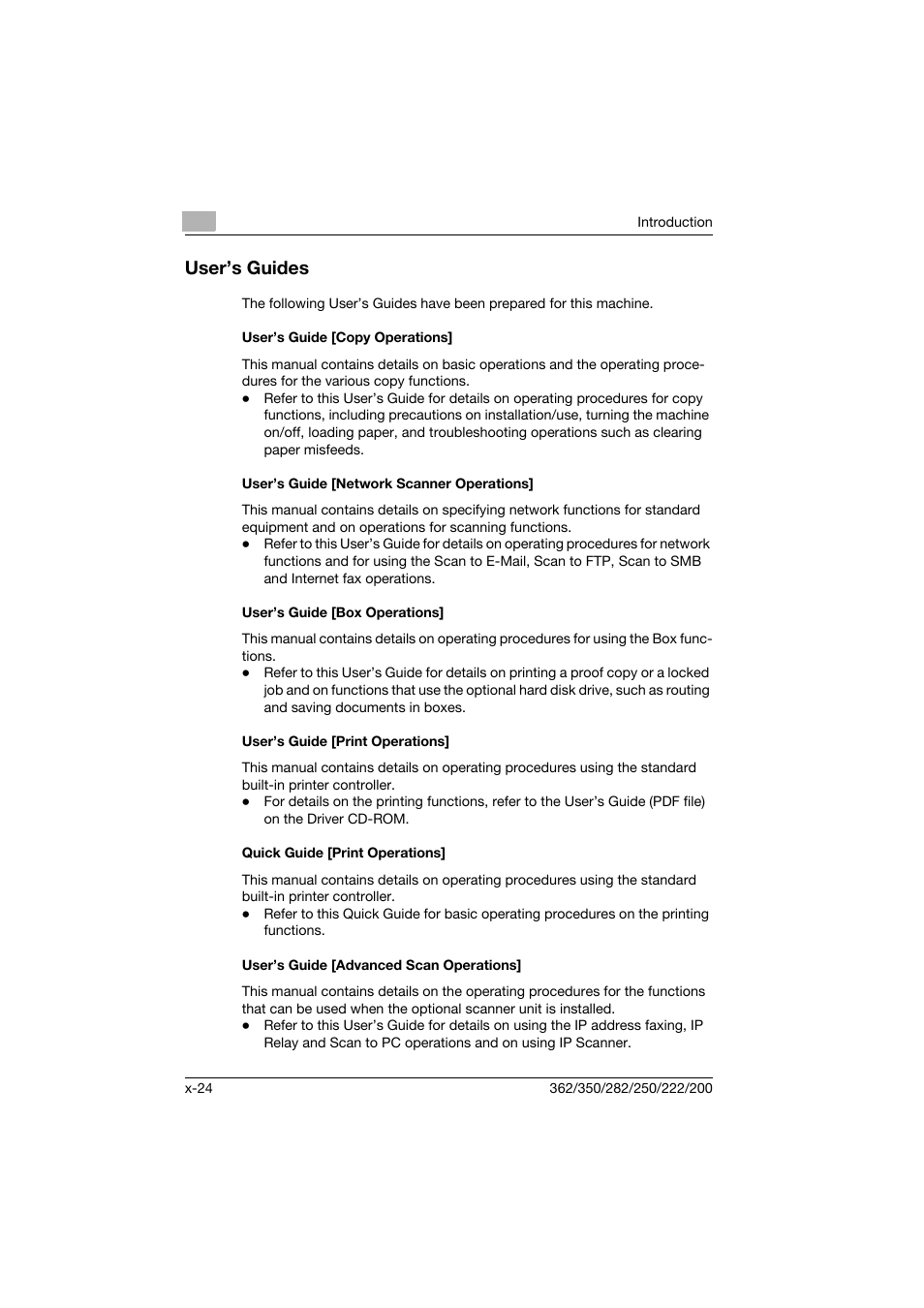 User’s guides, User’s guide [copy operations, User’s guide [network scanner operations | User’s guide [box operations, User’s guide [print operations, Quick guide [print operations, User’s guide [advanced scan operations | Konica Minolta bizhub 222 User Manual | Page 25 / 366
