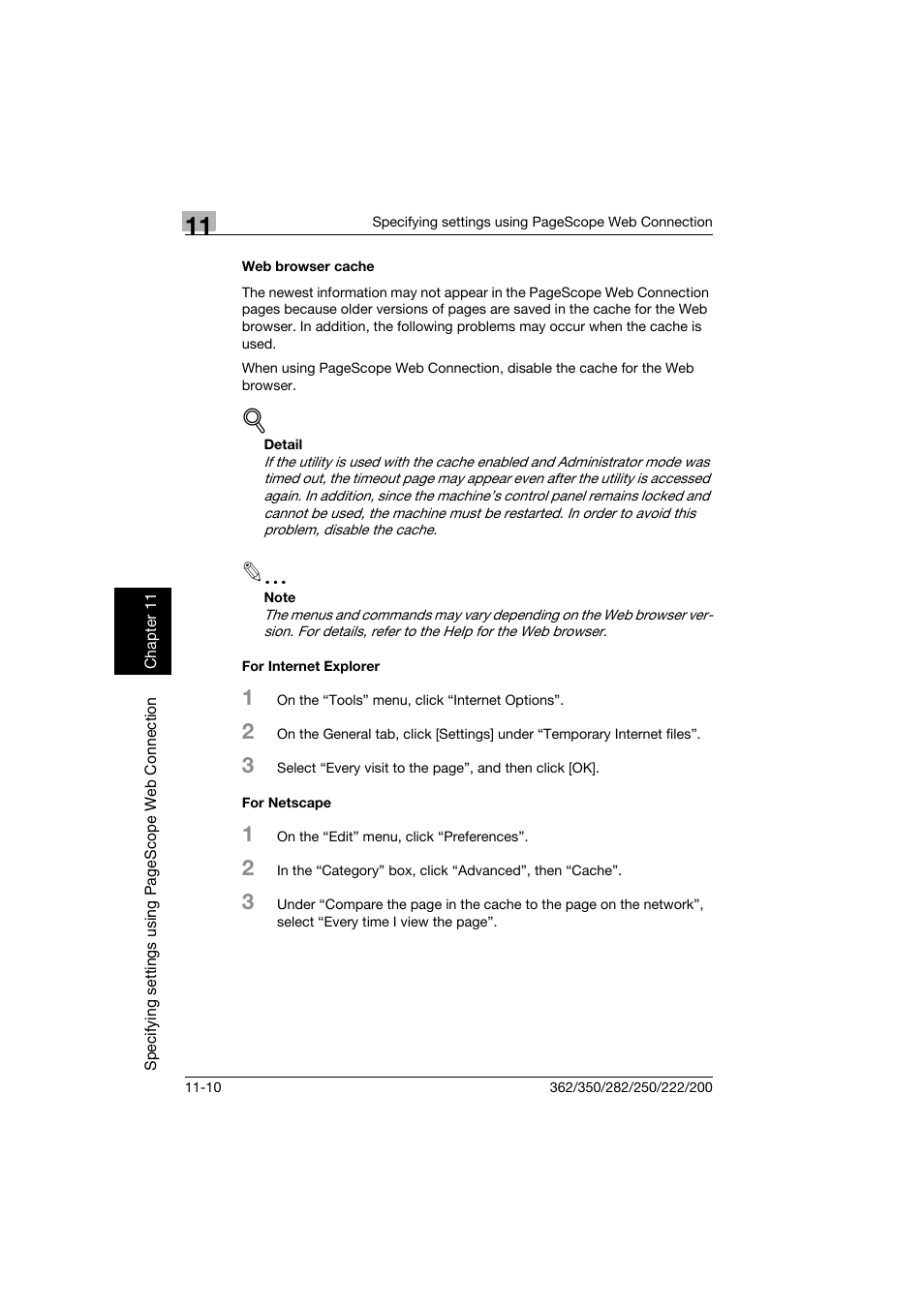 Web browser cache, For internet explorer, For netscape | Konica Minolta bizhub 222 User Manual | Page 293 / 366