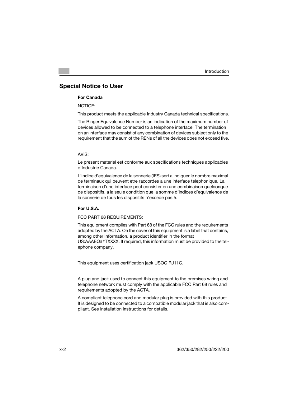 Special notice to user, For canada, For u.s.a | Konica Minolta bizhub 222 User Manual | Page 3 / 366