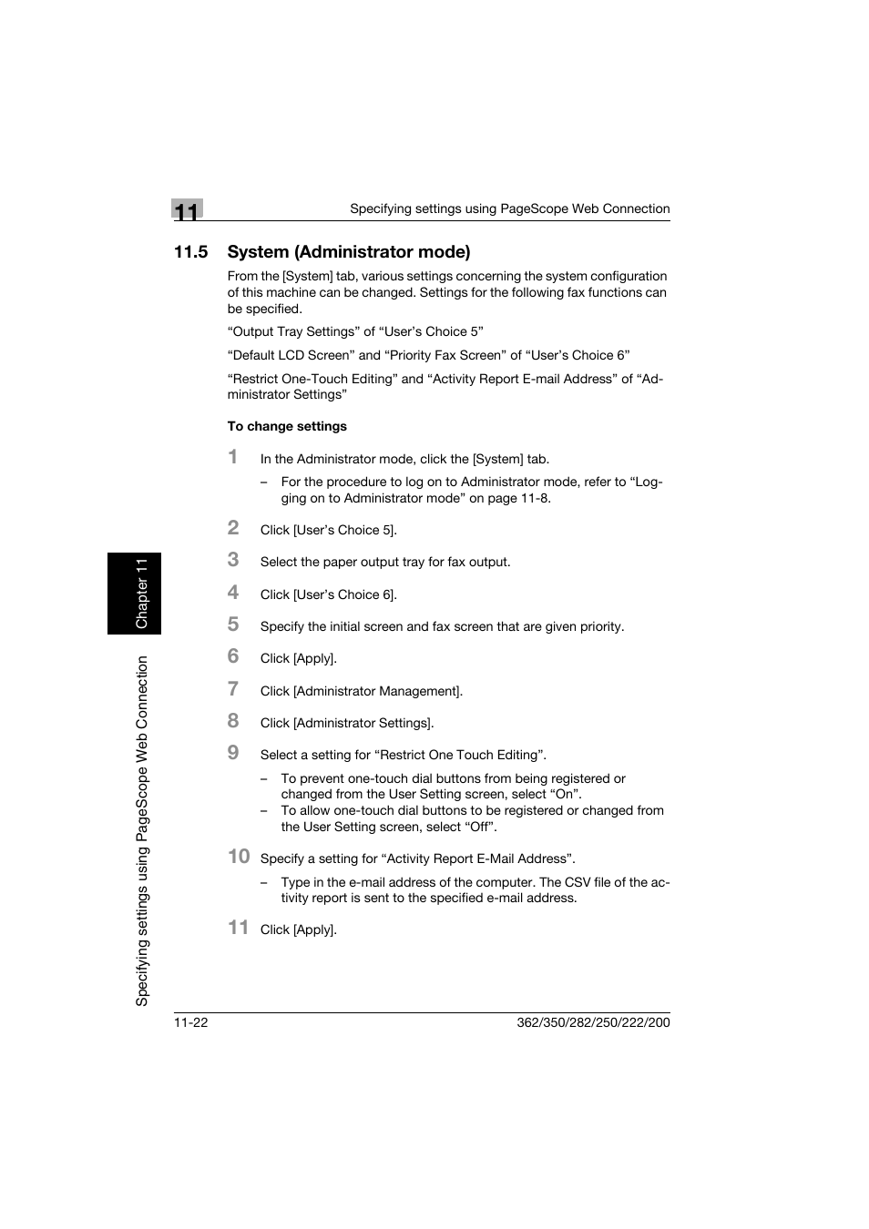 5 system (administrator mode), To change settings, System (administrator mode) -22 | To change settings -22 | Konica Minolta bizhub 222 User Manual | Page 305 / 366
