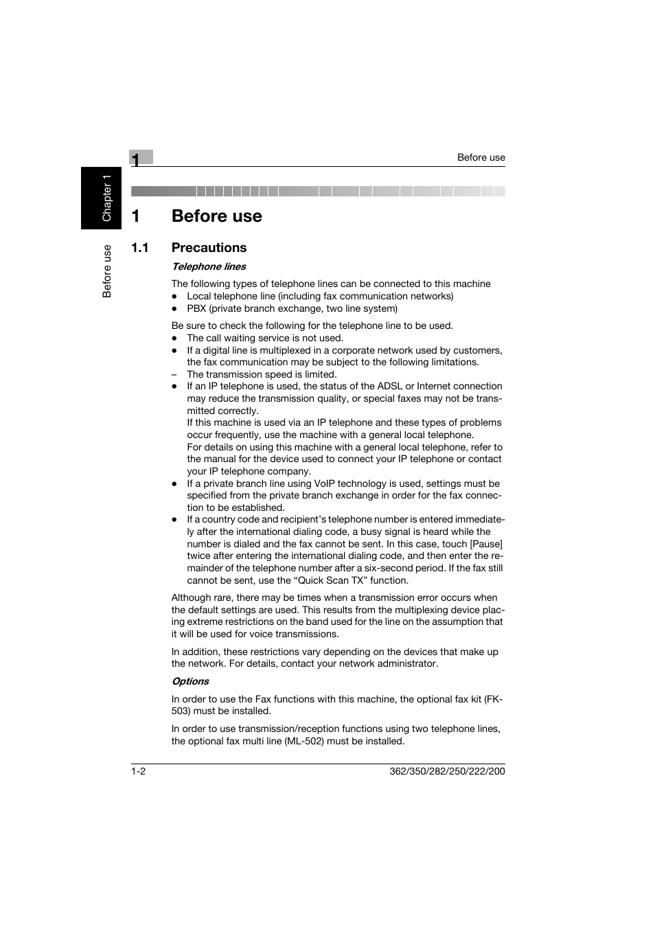 1 before use, 1 precautions, Before use | Precautions -2, 1before use | Konica Minolta bizhub 222 User Manual | Page 31 / 366