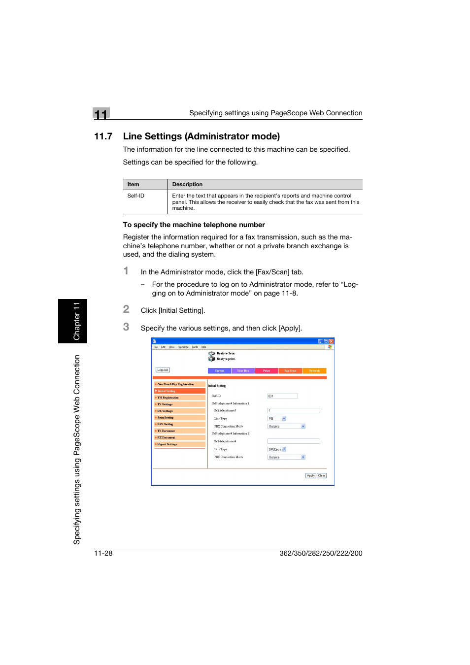 7 line settings (administrator mode), To specify the machine telephone number, Line settings (administrator mode) -28 | To specify the machine telephone number -28 | Konica Minolta bizhub 222 User Manual | Page 311 / 366