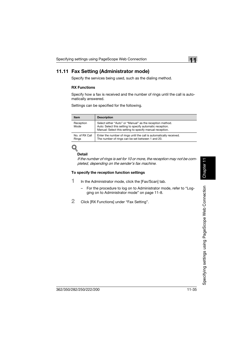 11 fax setting (administrator mode), Rx functions, To specify the reception function settings | 11 fax setting (administrator mode) -35 | Konica Minolta bizhub 222 User Manual | Page 318 / 366
