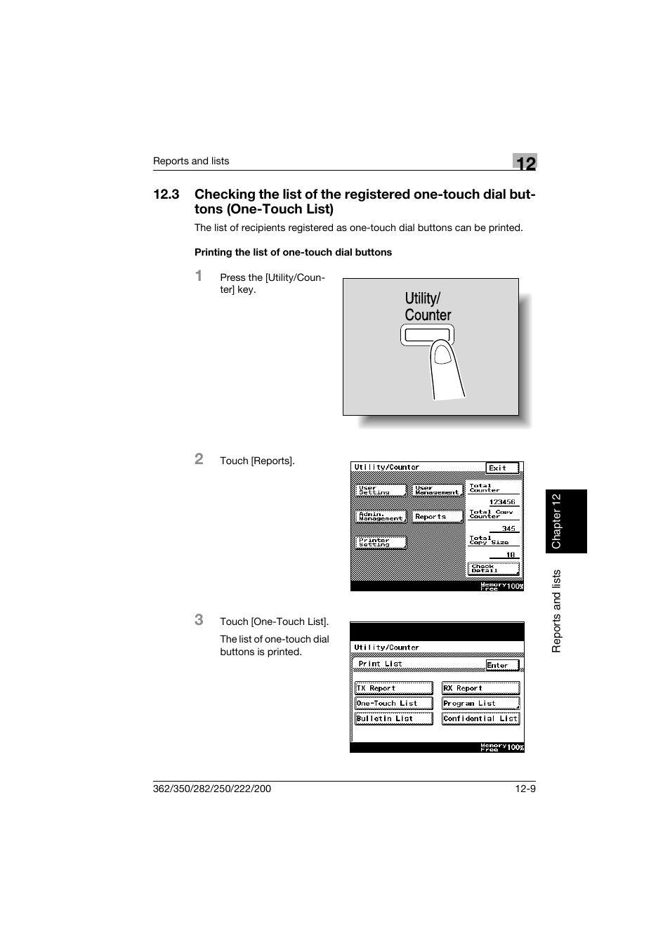Printing the list of one-touch dial buttons, Printing the list of one-touch dial buttons -9, Utility/ counter | Konica Minolta bizhub 222 User Manual | Page 342 / 366